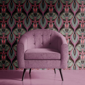 Soltar wallpaper by Tatie Lou in pink, a Deco arch pattern upholstered on an armchair