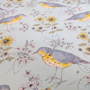 Song Bird and Flora Blue fabric by Seed Home Designs in blue and yellow, full repeat of songbirds and flowers