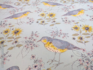 Song Bird and Flora Blue fabric by Seed Home Designs in blue and yellow, full repeat of songbirds and flowers