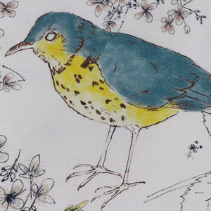 Song Bird and Flora Blue fabric by Seed Home Designs in blue and yellow, flat sample of songbirds and flowers