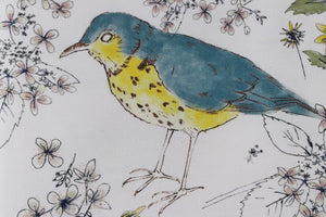 Song Bird and Flora Blue fabric by Seed Home Designs in blue and yellow, flat sample of songbirds and flowers