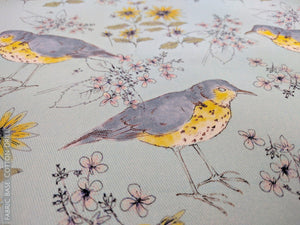 Song Bird and Flora Blue fabric by Seed Home Designs in blue and yellow, pattern sample of songbirds and flowers