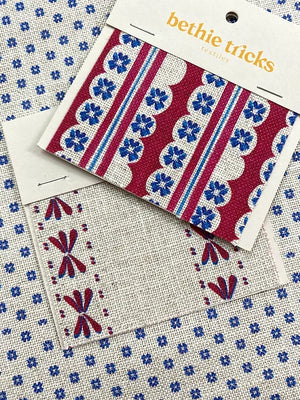 Morello linen by Bethie Tricks in red and blue, sample swatch set showing block-print stripes