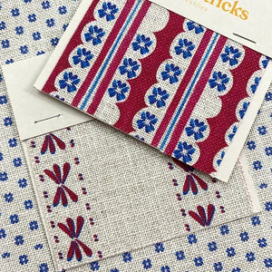 Spritz linen by Bethie Tricks in blue and white, close-up of a small block-print grid