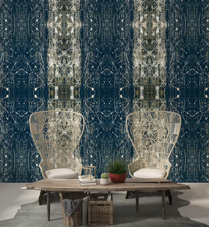 Midnight Stardust grasscloth by Dami and Em Design in blue, full repeat of a mirrored marble design
