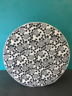 Stems linen by Bethie Tricks in black and white, bold stem and dot shapes as a drum lampshade