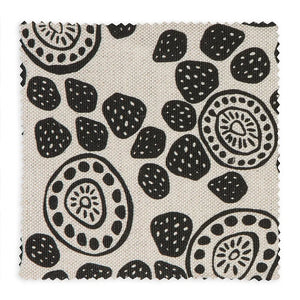 Stems linen by Bethie Tricks in black and white, full repeat of bold stem and dot shapes