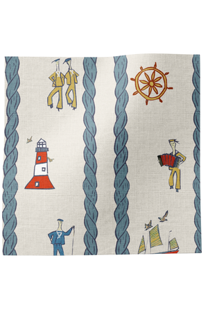 Stow Away with the Sailors linen by Annika Reed in blue and red, full repeat of sailors and boats