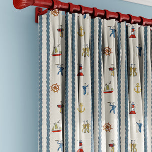 Stow Away with the Sailors linen by Annika Reed in blue and red, sailors and boats made into curtains