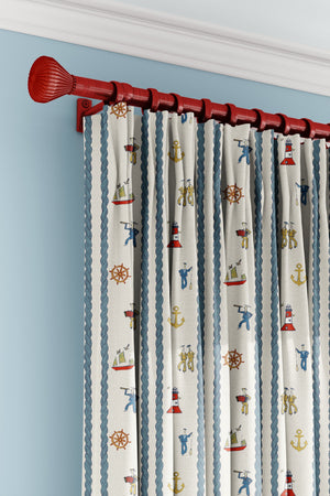 Stow Away with the Sailors linen by Annika Reed in blue and red, sailors and boats made into curtains