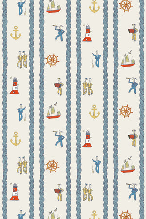 Stow Away with the Sailors linen by Annika Reed in blue and red, flat sample of sailors and boats