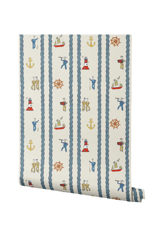 Stow Away With the Sailors wallpaper by Annika Reed in blue and red, roll showing sailors and boats