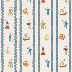 Stow Away With the Sailors wallpaper by Annika Reed in blue and red, full repeat of sailors and boats