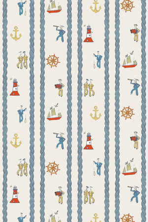 Stow Away With the Sailors wallpaper by Annika Reed in blue and red, full repeat of sailors and boats