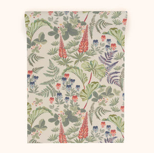 Strawberry Fields wallpaper by Parker and Jules in olive, roll showing strawberries, ferns and pansies