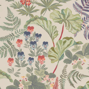 Strawberry Fields wallpaper by Parker and Jules in olive, flat sample of strawberries, ferns and pansies