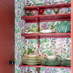 Strawberry Fields wallpaper by Parker and Jules in green, strawberries, ferns and pansies in a kitchen