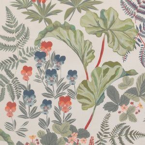 Strawberry Fields linen by Parker and Jules in olive, full repeat of strawberries, ferns and pansies