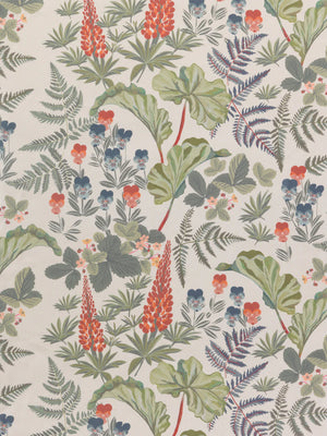 Strawberry Fields linen by Parker and Jules in olive, pattern sample of strawberries, ferns and pansies
