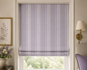 Stripe Weave linen by Dami and Em Design in lilac, woven stripes as a roman blind