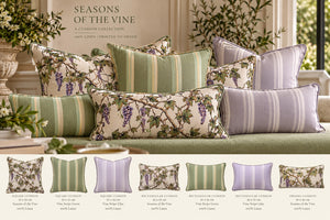 Seasons of the Vine Summer linen by Dami and Em Design in green and purple, product sheet showing grape vines