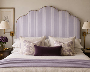 Stripe Weave linen by Dami and Em Design in lilac, woven stripes in a bedroom