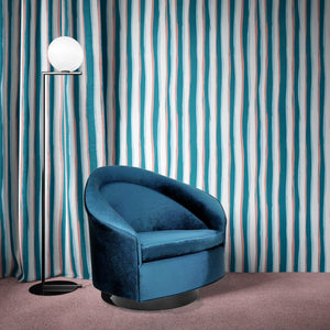 Beside the Seaside wallpaper by Annika Reed in teal, seaside stripes in a living room