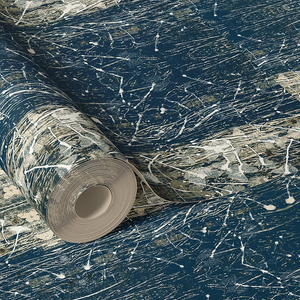 Midnight Stardust grasscloth by Dami and Em Design in blue, roll showing a mirrored marble design