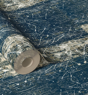 Midnight Stardust grasscloth by Dami and Em Design in blue, roll showing a mirrored marble design