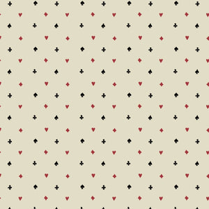 Suits You wallpaper by Annika Reed in cream and red, full repeat of tiny card suits