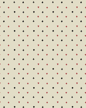 Suits You wallpaper by Annika Reed in cream and red, full repeat of tiny card suits