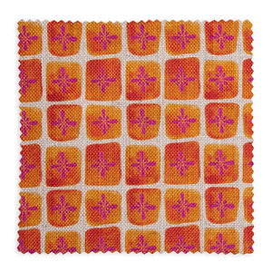 Sun Bloc linen by Bethie Tricks in orange and pink, full repeat of a painted grid