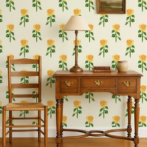 Sunflower wallpaper by Annika Reed in yellow and green, sunflowers above a sideboard
