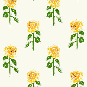 Sunflower wallpaper by Annika Reed in yellow and green, full repeat of sunflowers