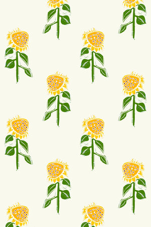 Sunflower wallpaper by Annika Reed in yellow and green, full repeat of sunflowers