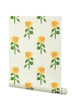 Sunflower wallpaper by Annika Reed in yellow and green, roll showing sunflowers