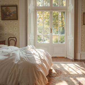 Cottage Ditsy Stripe wallpaper by Studio Le Cocq in yellow, ditsy flower roundels on stripes in a bedroom