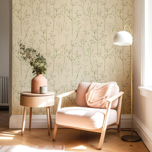 Sweet Herb Fennel wallpaper by Seed Home Designs in pink, delicate fennel stems in a living room