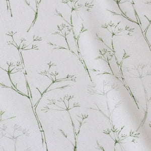 Sweet Herb Fennel fabric by Seed Home Designs in green, draped, showing delicate fennel stems