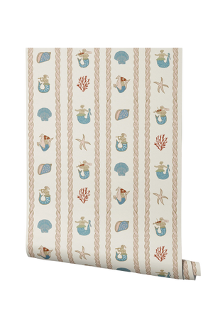 Swim Away With the Mermaids wallpaper by Annika Reed in cream and pink, roll showing shells and mermaids