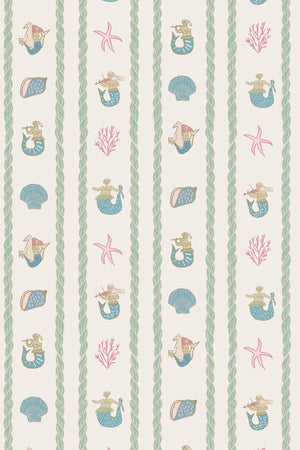 Swim Away With the Mermaids wallpaper by Annika Reed in cream and green, flat sample of shells and mermaids