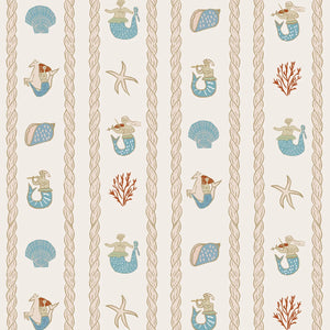 Swim Away With the Mermaids wallpaper by Annika Reed in cream and pink, full repeat of shells and mermaids
