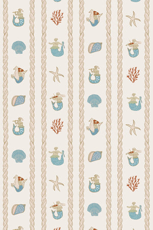 Swim Away With the Mermaids wallpaper by Annika Reed in cream and pink, full repeat of shells and mermaids