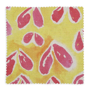 Sycamore linen by Bethie Tricks in yellow and pink, full repeat of sycamore seeds