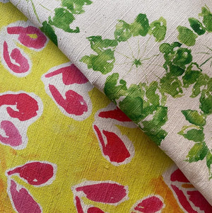 Sycamore linen by Bethie Tricks in yellow and pink, in soft folds showing sycamore seeds