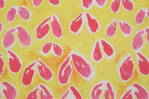 Sycamore linen by Bethie Tricks in yellow and pink, flat sample of sycamore seeds