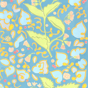 Symbiose Naturelle linen by Claire de Quénetain in pink and blue, full repeat of a hand-painted floral design