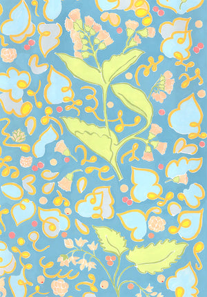 Symbiose Naturelle linen by Claire de Quénetain in pink and blue, full repeat of a hand-painted floral design