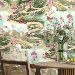 Tally Ho! wallpaper by Brand McKenzie in green, a countryside landscape in a dining room