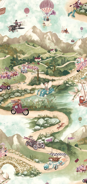 Tally Ho! wallpaper by Brand McKenzie in green, detail of a countryside landscape